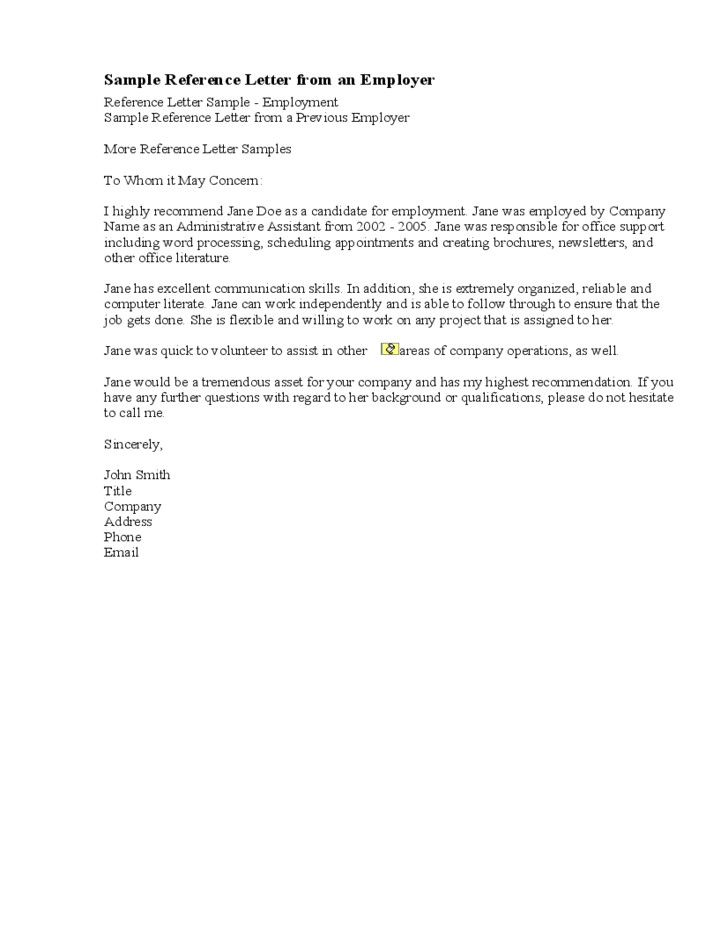 sample reference letter from previous employer