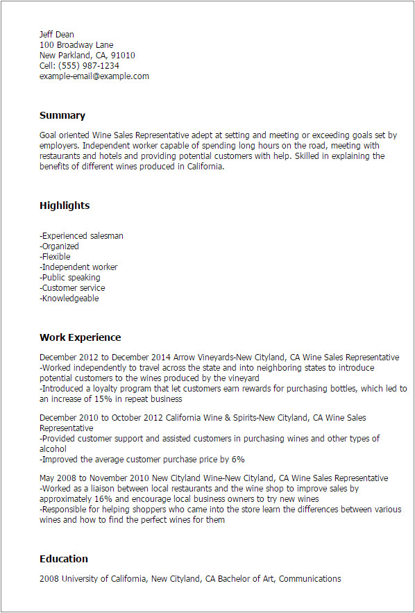 Cover Letter Wine Sales Wine Sales Representative Resume Template Best Design