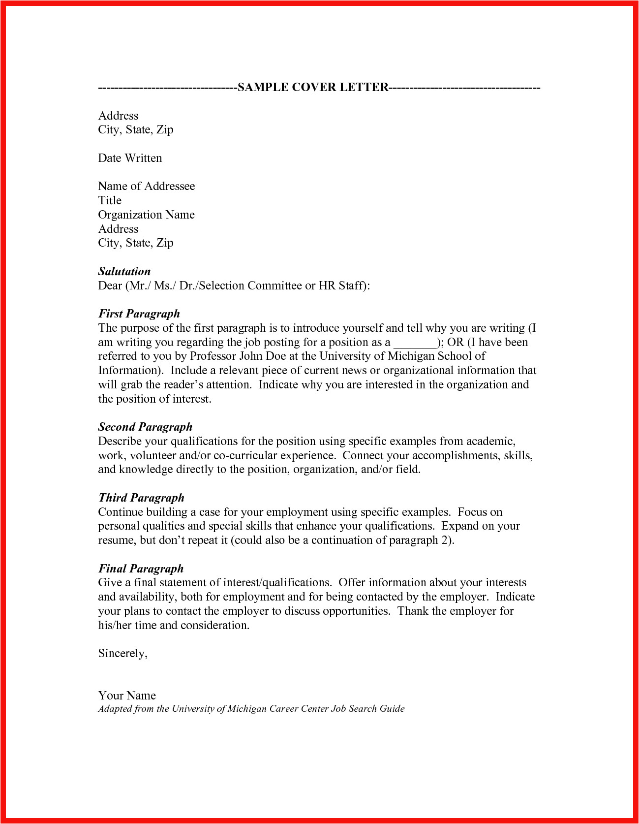 cover letter without name