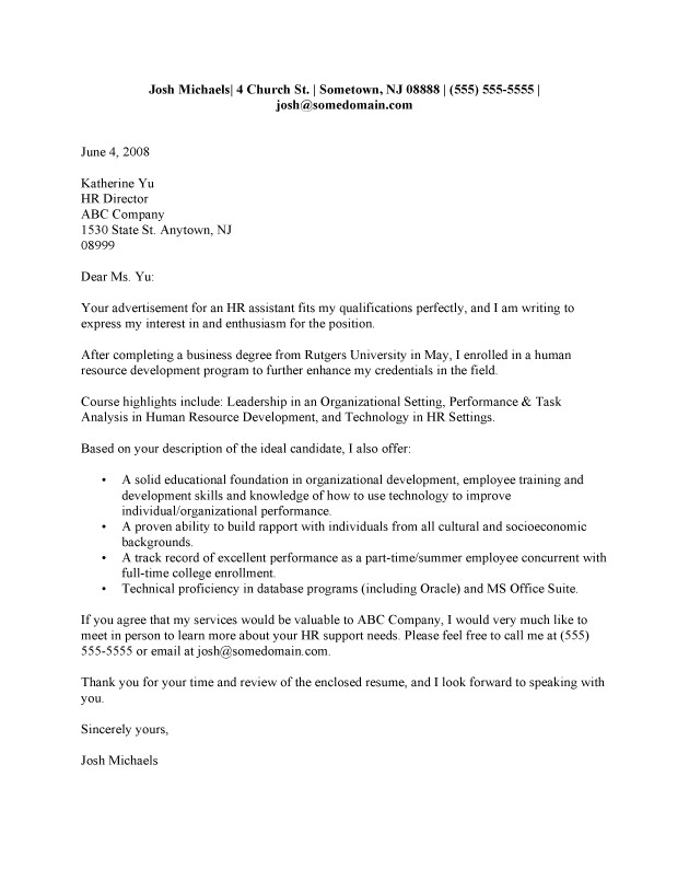 Cover Letters for College Graduates Recent College Graduate Cover Letter Sample Fastweb