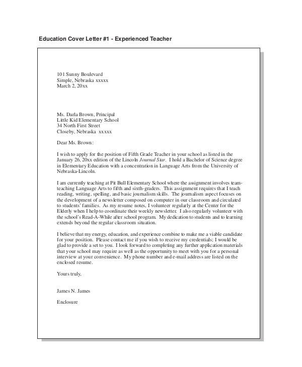 Cover Letters for Experienced Teachers Teacher Cover Letter Example 9 Free Word Pdf Documents