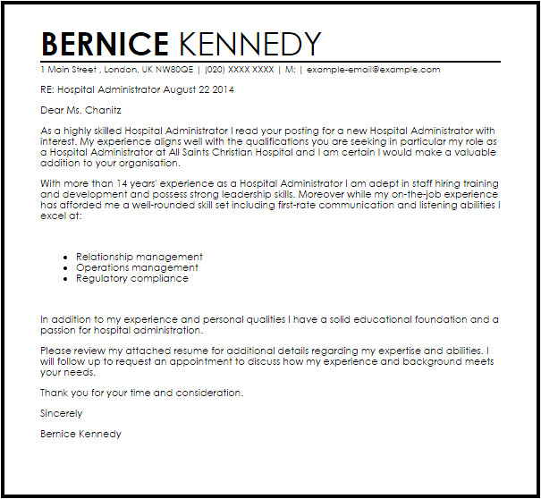 Cover Letters for Hospital Jobs Hospital Administrator Cover Letter Sample Cover Letter