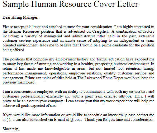 cover letter for human resource hr position
