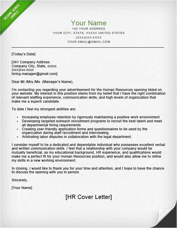 Cover Letters for Hr Jobs Human Resources Cover Letter Sample Resume Genius