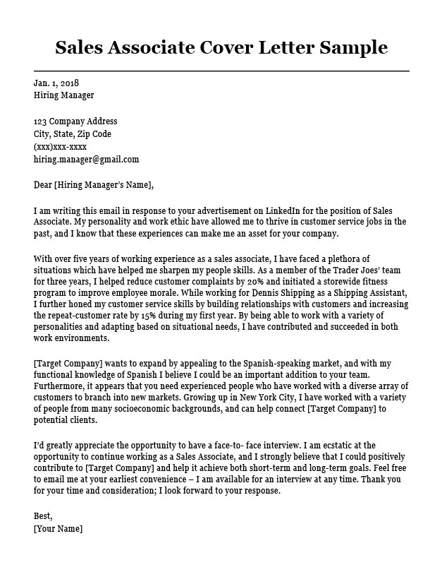 Cover Letters for Sales associates Sales associate Cover Letter Sample Resume Companion