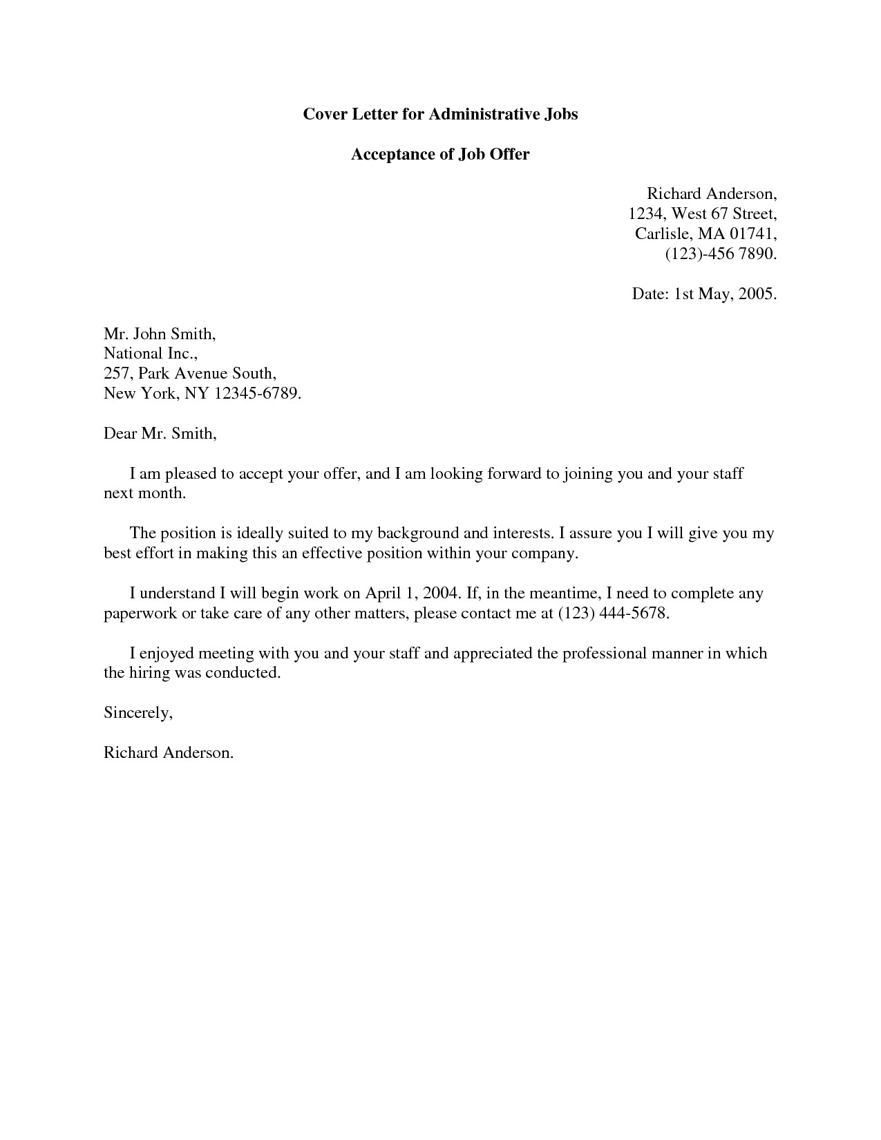 acceptance of job offer cover letter sample for administrative assistant