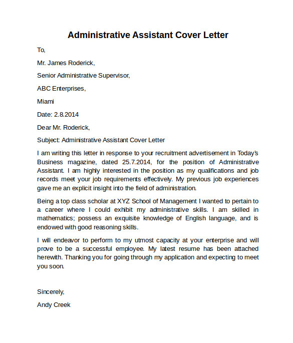 sample administrative assistant cover letter