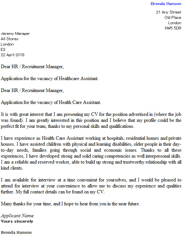Covering Letter for Health Care assistant Health Care assistant Cover Letter Example Icover org Uk