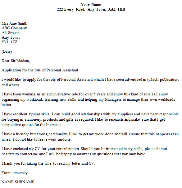Covering Letter for Personal assistant Personal assistant Cover Letter Example Icover org Uk
