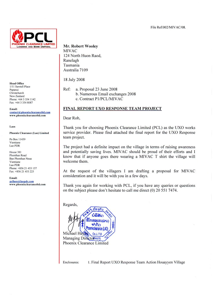 Covering Letter for Project Report Xe Ban Fai District Lao Pdr Mivac