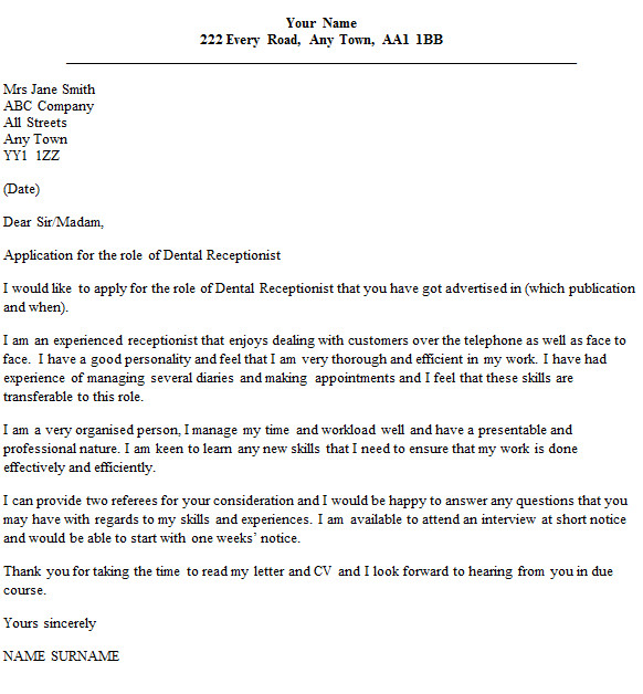 dental receptionist cover letter example