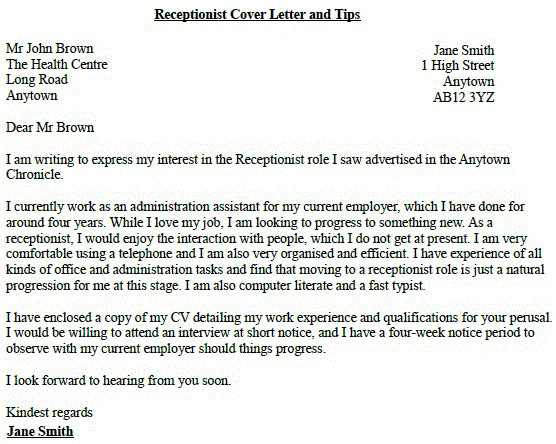 Covering Letter for Receptionist Role Receptionist Job Application Cover Letter Example