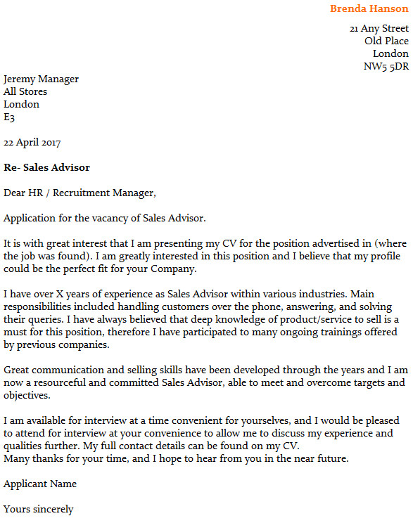 sales advisor cover letter example