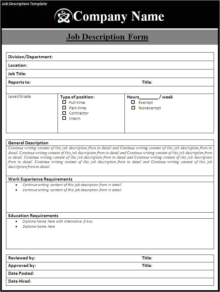 Creating A Job Description Template Job Description Template Free formats Excel Word