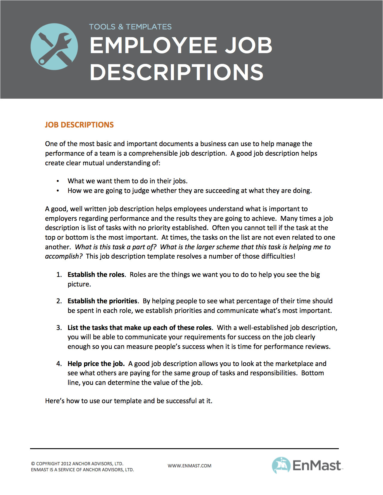 Creating Job Descriptions Template Employee Job Descriptions tool and Template