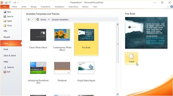 create new presentation using sample template powerpoint 2010