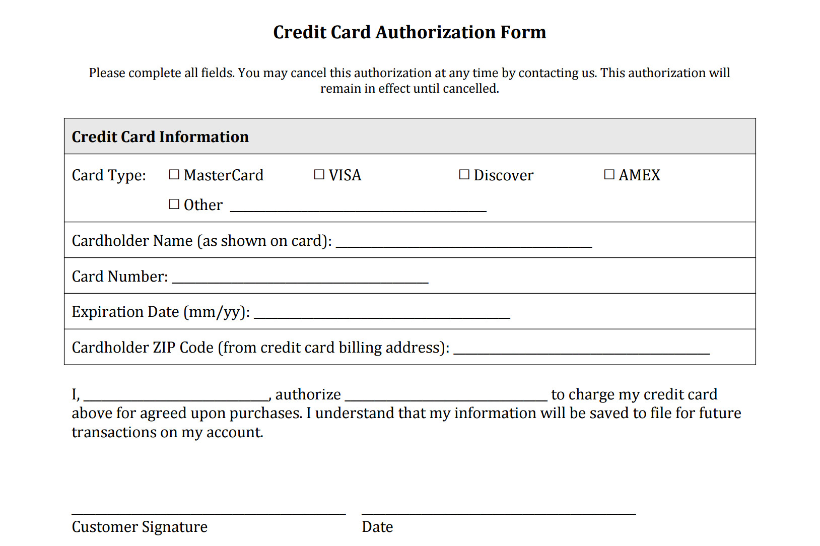 credit card authorization form templates
