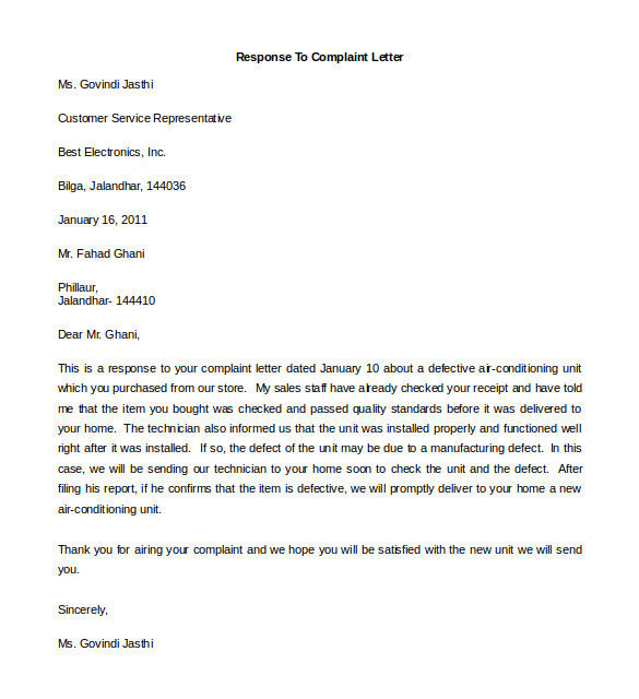 complaint letter template