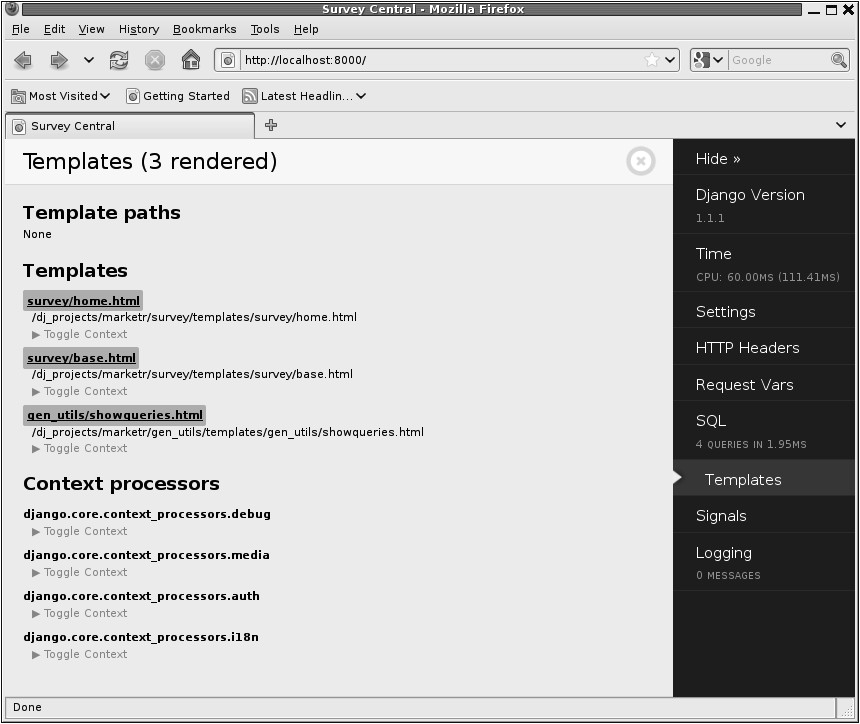 django debug toolbar template listing feature for struts2