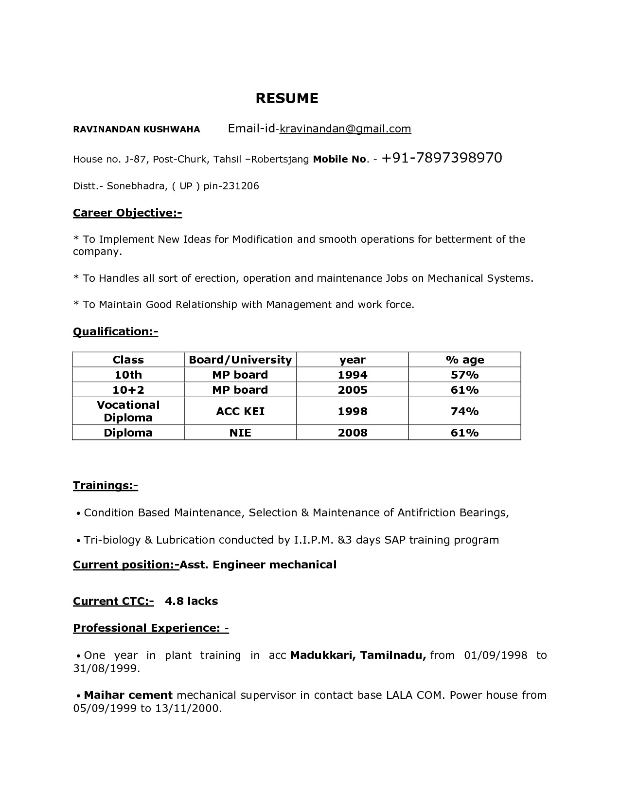 sample resume format for diploma mechanical engineers