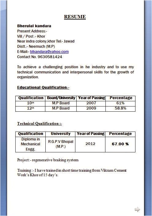 Diploma Mechanical Engineering Resume Samples Sample Resume format for Diploma Mechanical Engineers