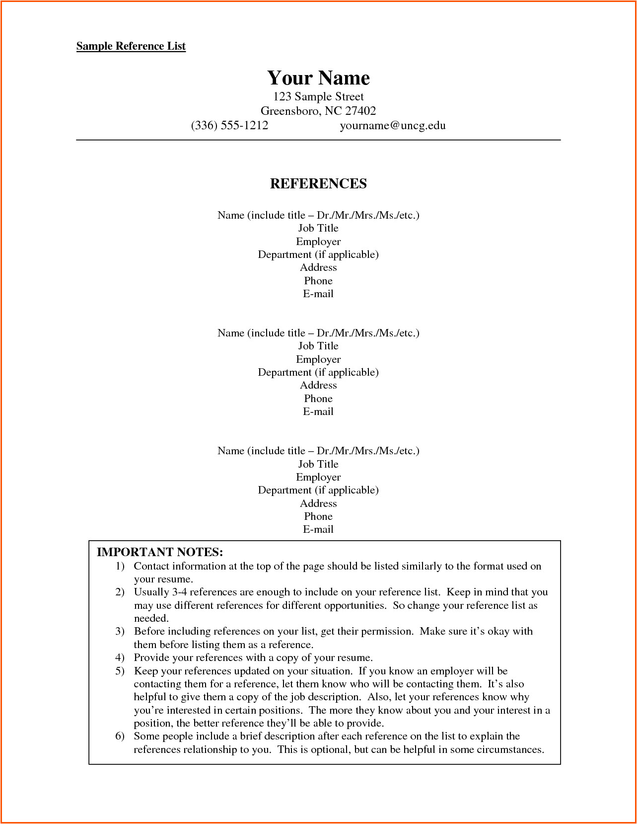 resume reference list format