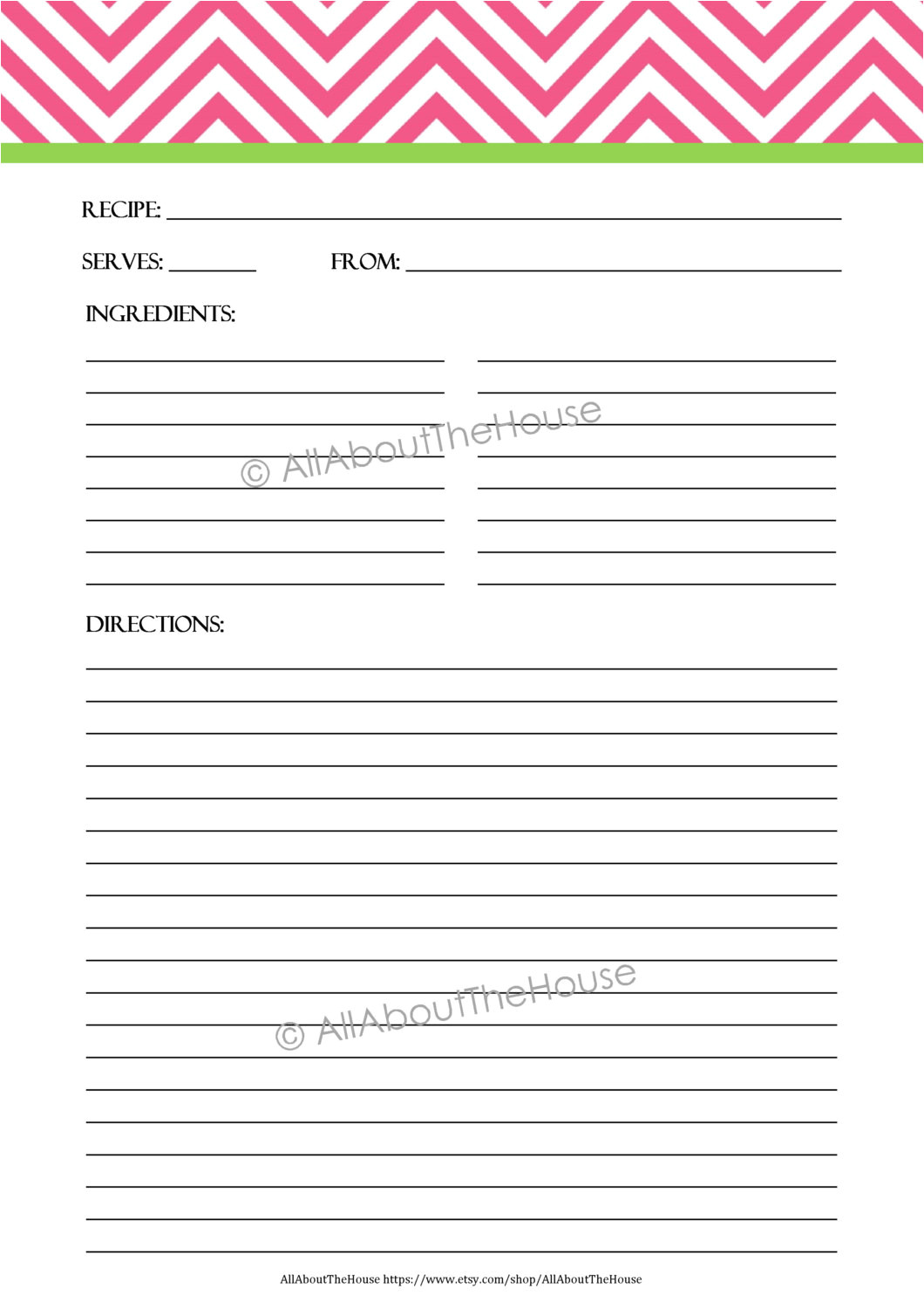 Downloadable Recipe Template Editable Printable Chevron Recipe Template Recipe Card