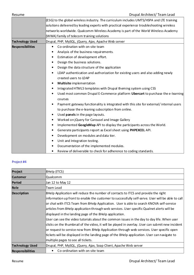 drupal developer resume sample