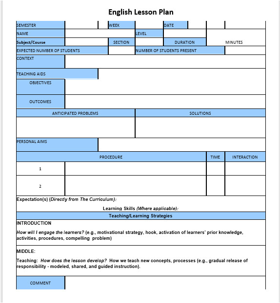 Efl Lesson Plan Template English Lesson Plan Template Microsoft Word Templates