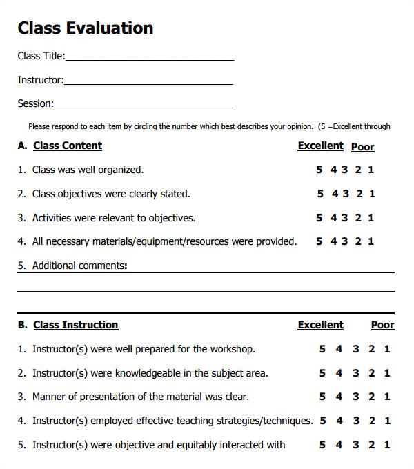 class evaluation template