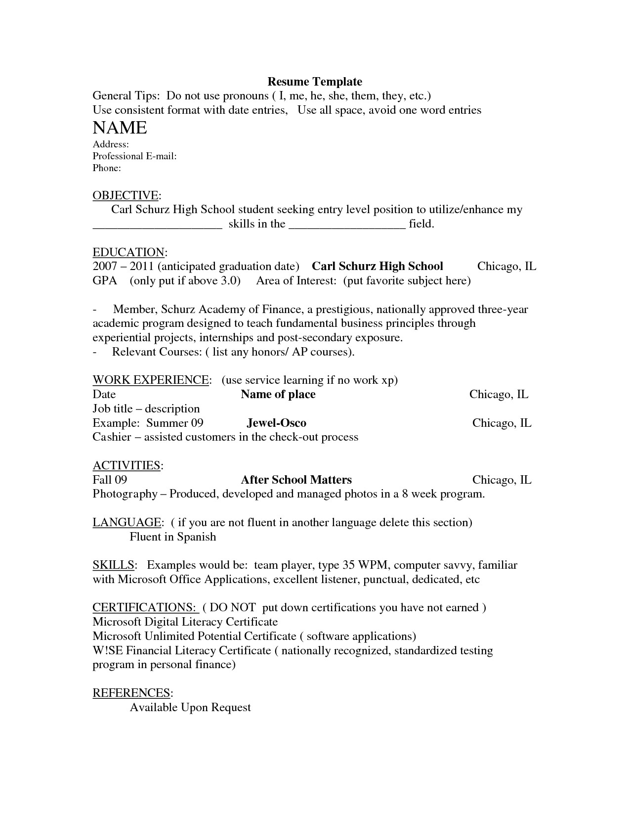 entry level resume helper simple format for freshers samples high school students