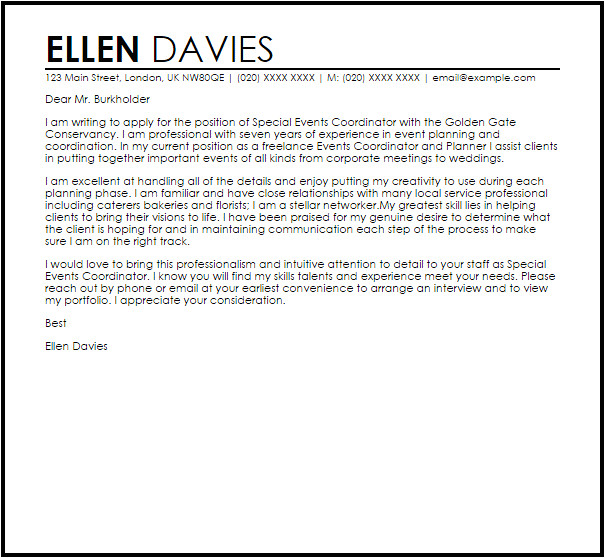 Event Staff Cover Letter Special events Coordinator Cover Letter Sample Cover