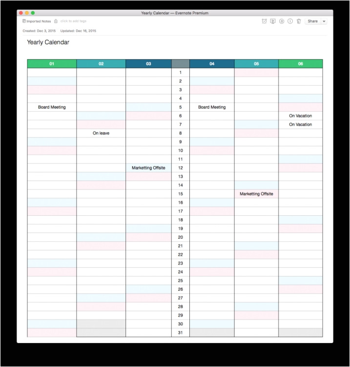 2016 evernote calendar template