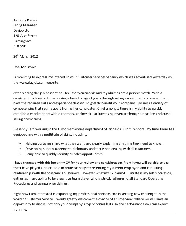 Example Of A Cover Letter for Customer Service 1 Example Of A Cover Letter for Customer Service 8 Sample Customer Service Cover Letters Sample Templates