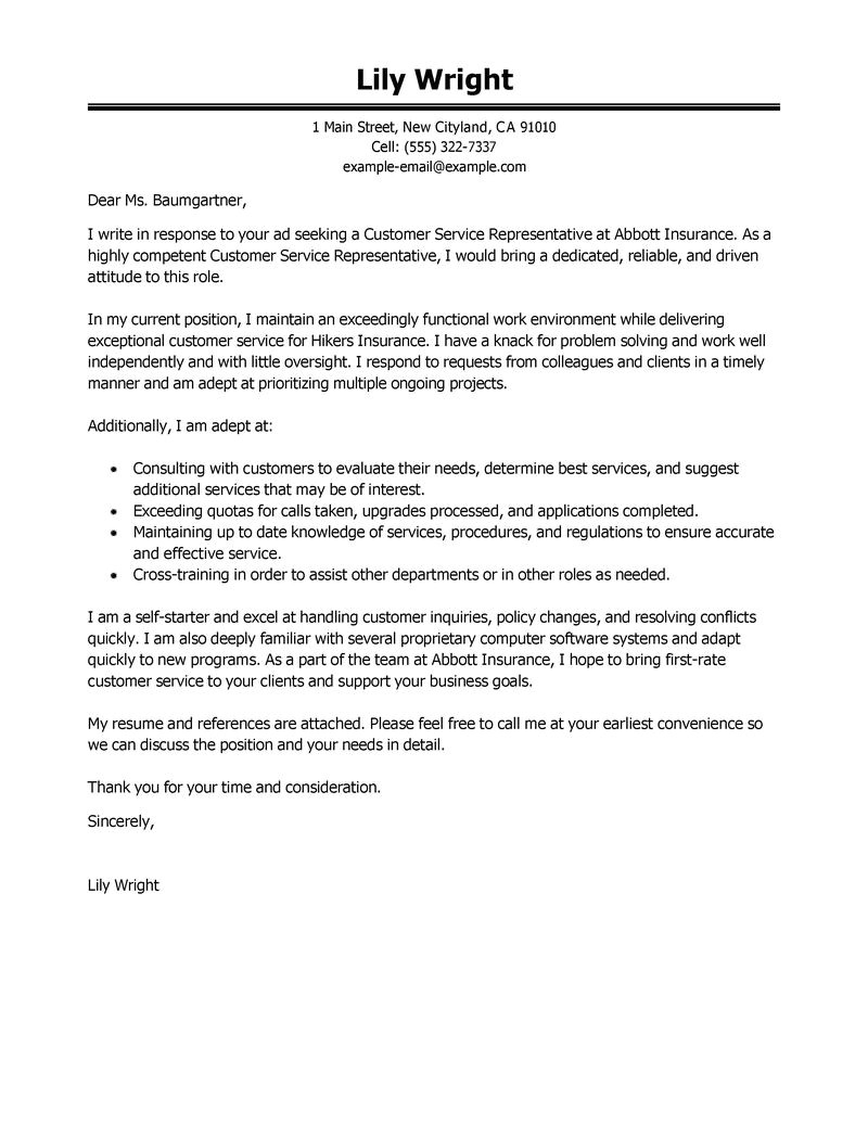Example Of Cover Letter for Customer Service Representative Leading Professional Customer Service Representative Cover
