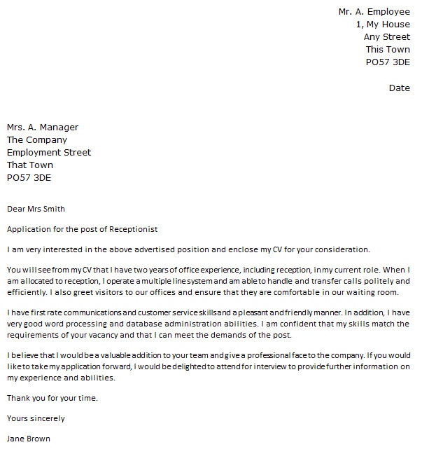 Example Of Cover Letter for Receptionist Position Cover Letter for A Receptionist Icover org Uk