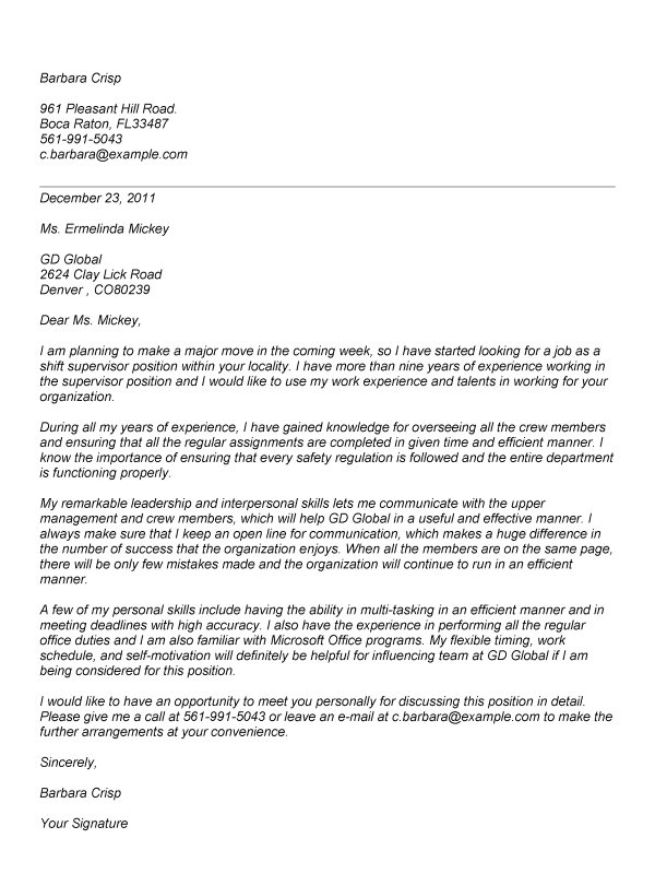 Example Of Cover Letter for Supervisor Position Cover Letter for Supervisor Position Resume Badak
