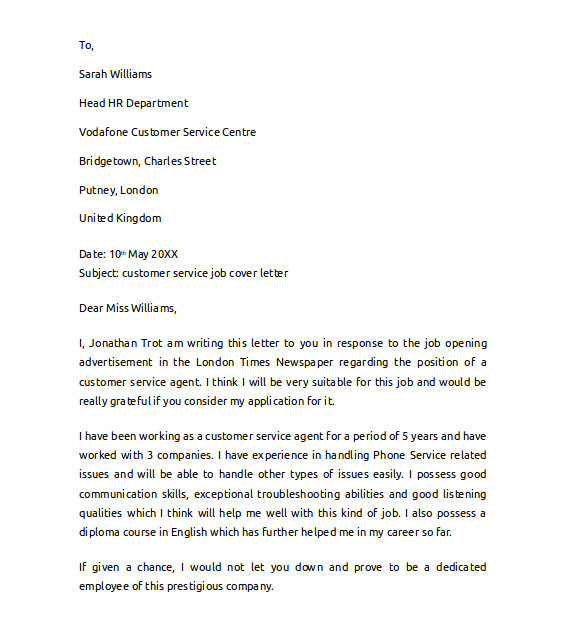 sample cover letter example for job
