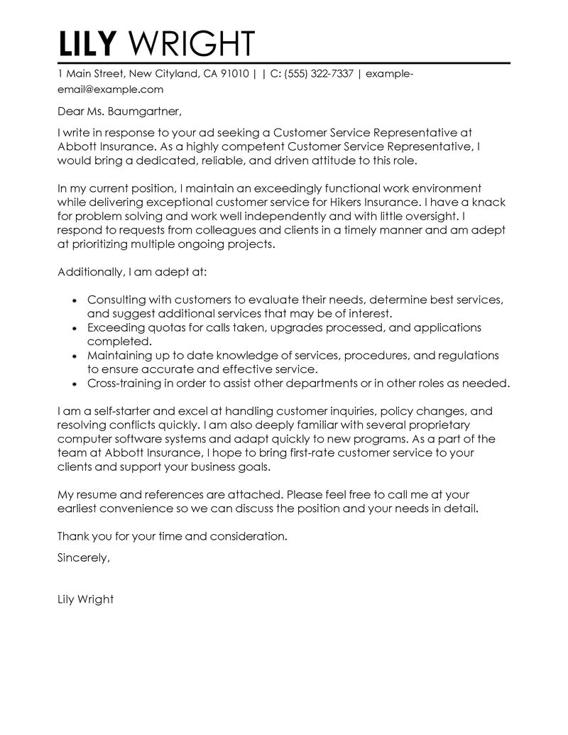 Examples Of Cover Letters for Customer Service Representatives Customer Service Representative Cover Letter Examples