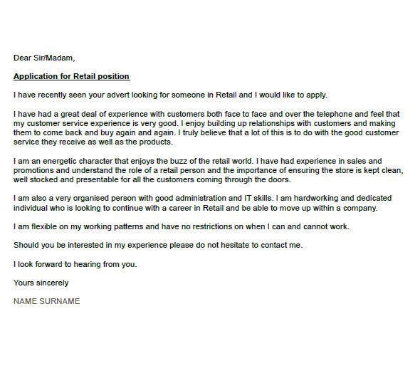 Examples Of Cover Letters for Retail Retail Cover Letter Example Icover org Uk