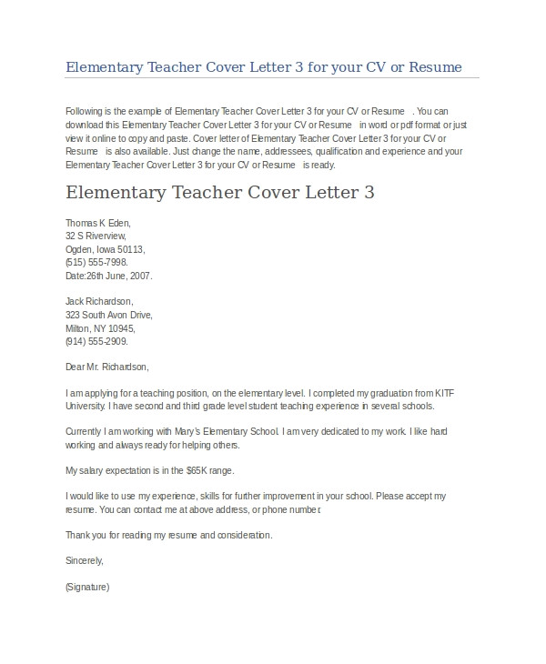 teacher cover letter examples