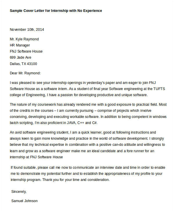 Examples Of Internship Cover Letters No Experience Cover Letters for Internship 7 Free Word Pdf Documents