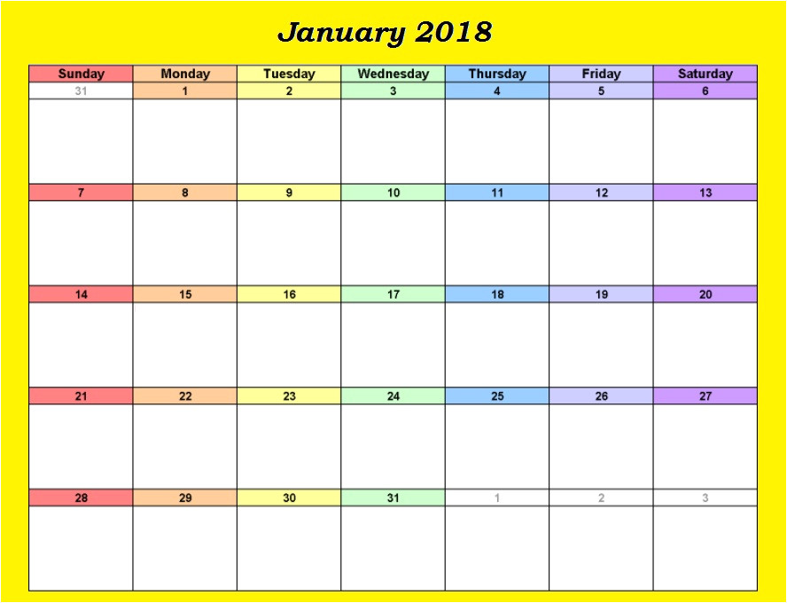 january 2018 calendar excel template