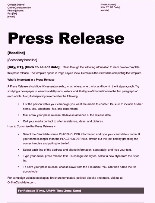 free sample press release template word