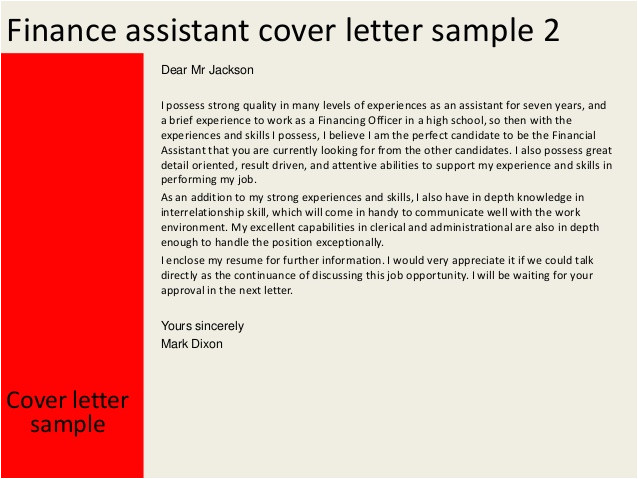 finance assistant cover letter