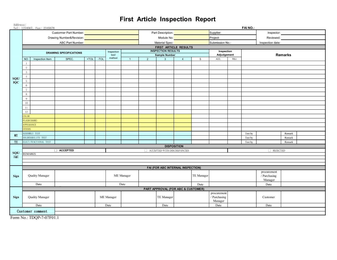first article inspection form template