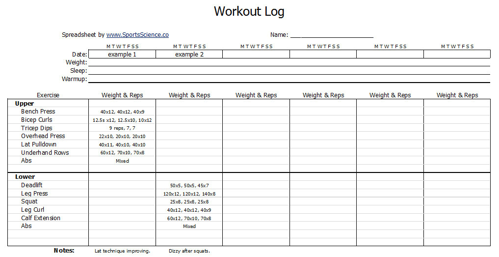 free workout log template