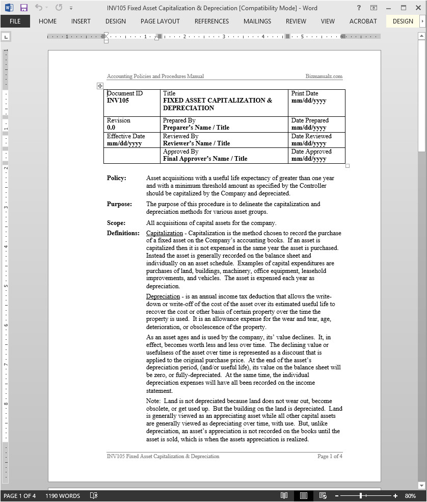 Fixed asset Policy Template 1 Fixed asset Policy Template Fixed asset Capitalization Depreciation Procedure