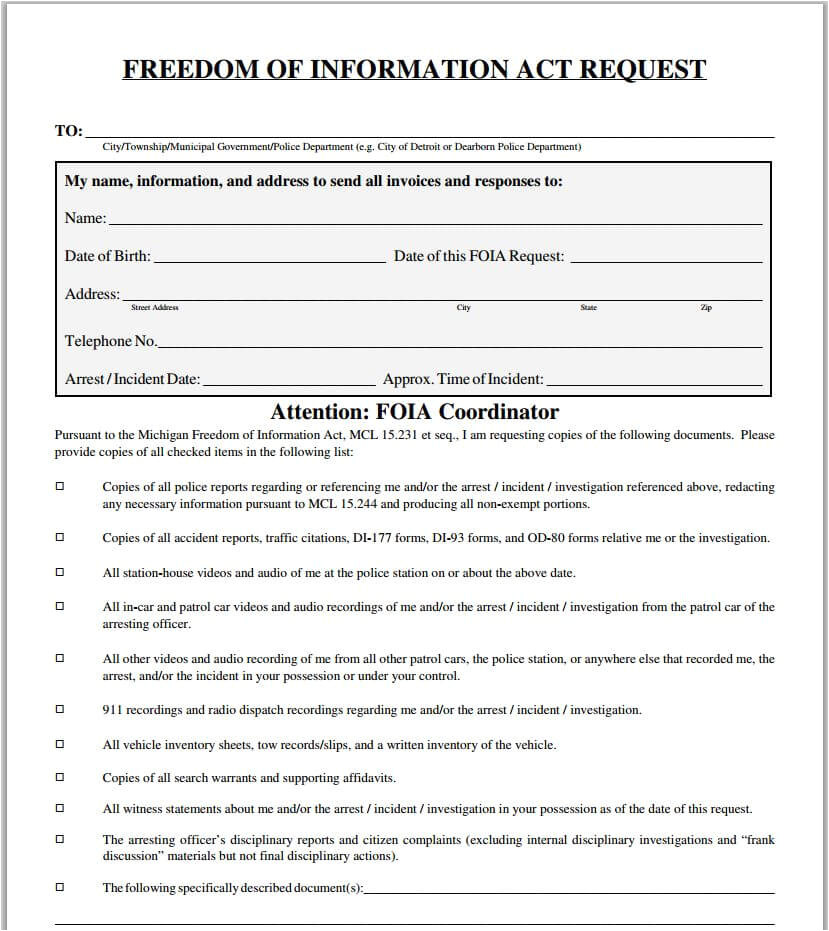 sample michigan freedom information act request