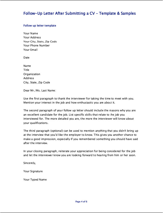 follow up letter after submitting a cv